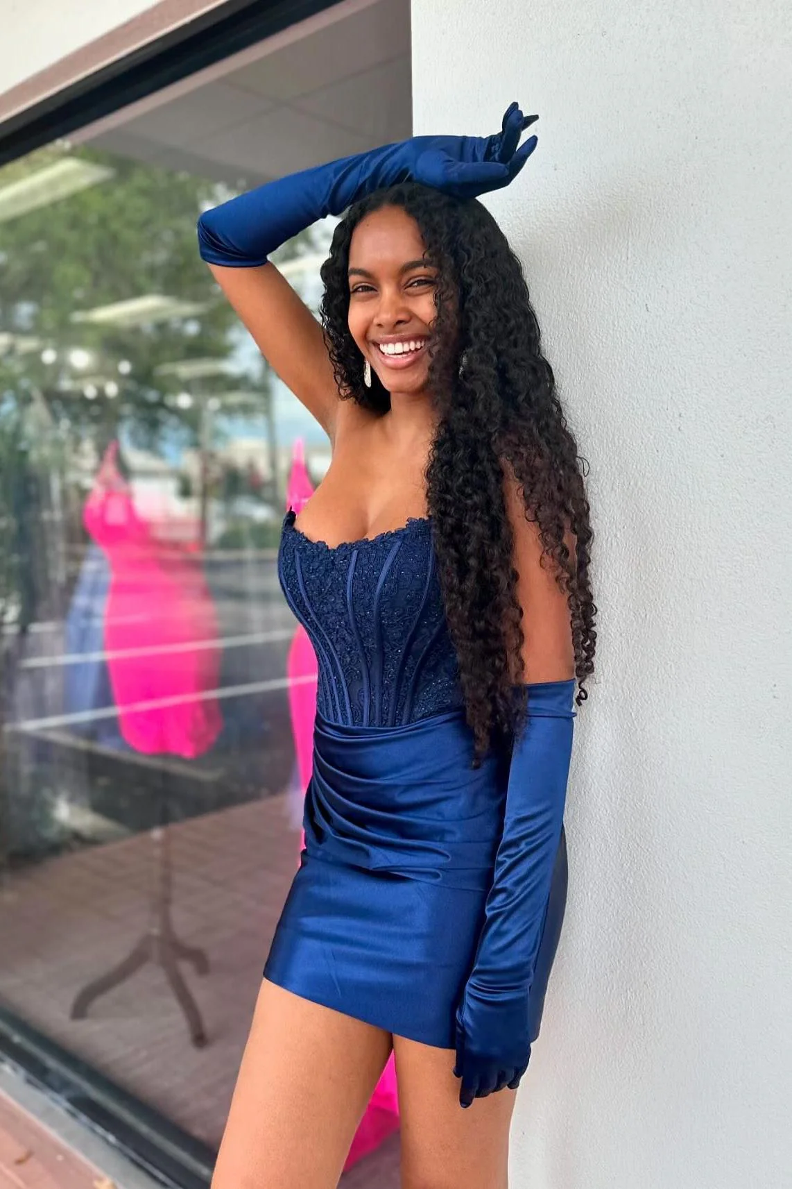 Royal Blue Appliques Ruched Bodycon Short Dress - Image 9