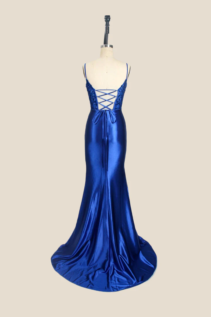 Royal Blue Appliques Ruched Mermaid Long Formal Dress - Image 3