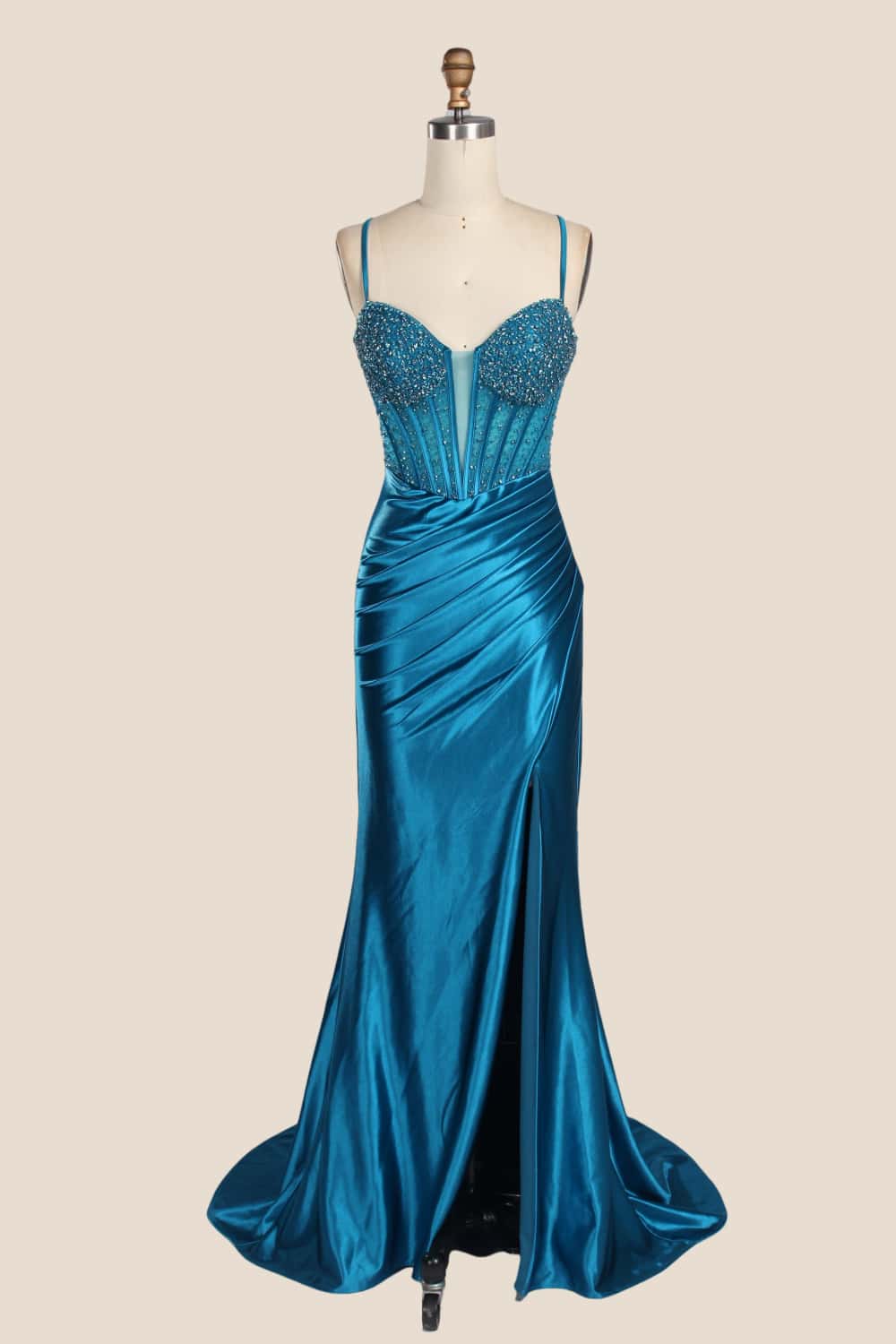 Royal Blue Beaded Ruched Satin Formal Dress - Image 3