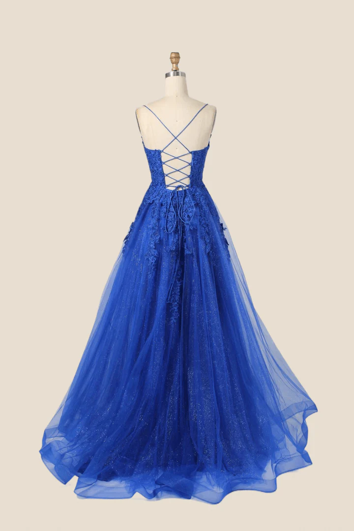 Royal Blue Lace Appliques Tulle Formal Dress - Image 2