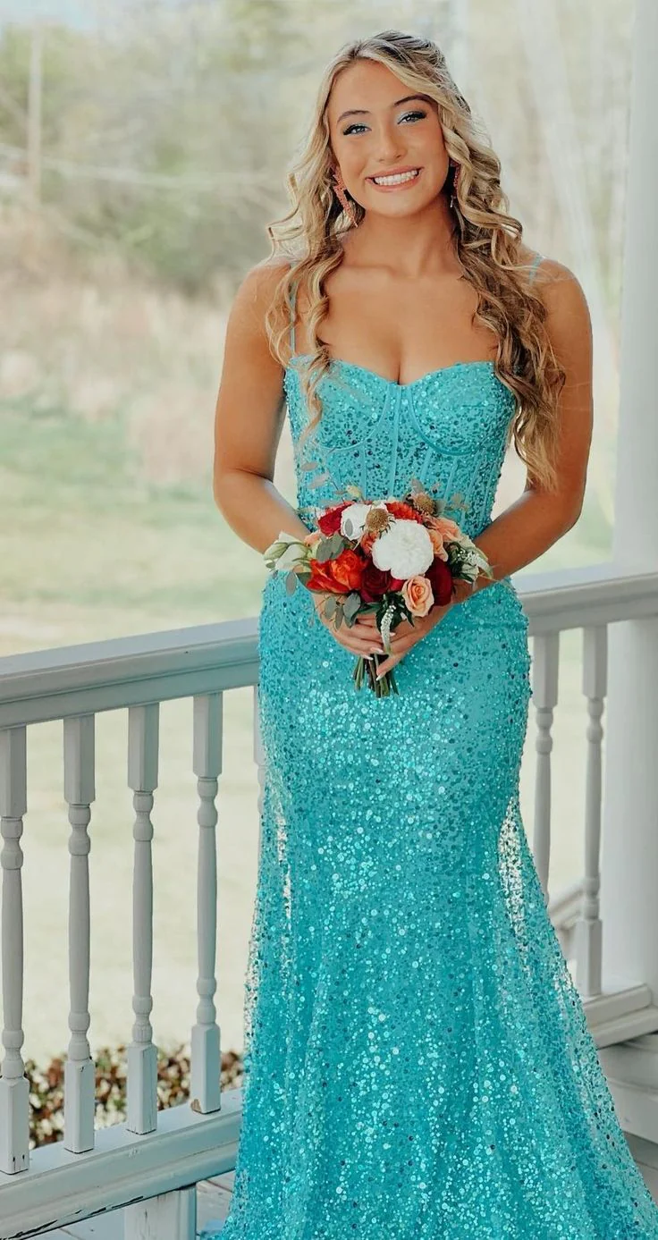 Light Blue Sequin Mermaid Long Formal Dress - Image 6