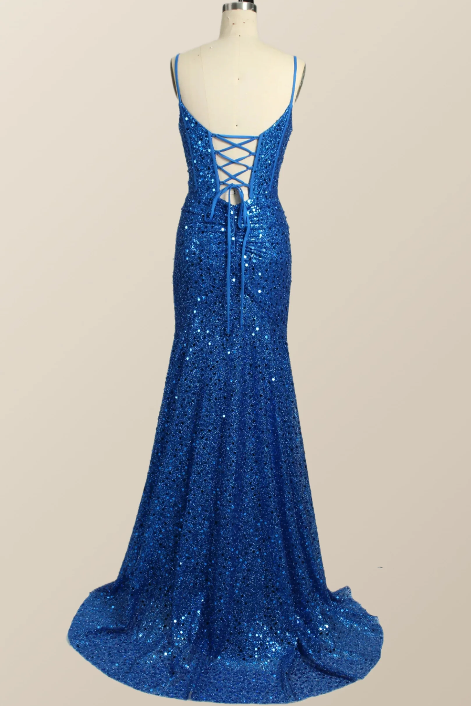 Royal Blue Sequin Mermaid Long Prom Dress - Image 3