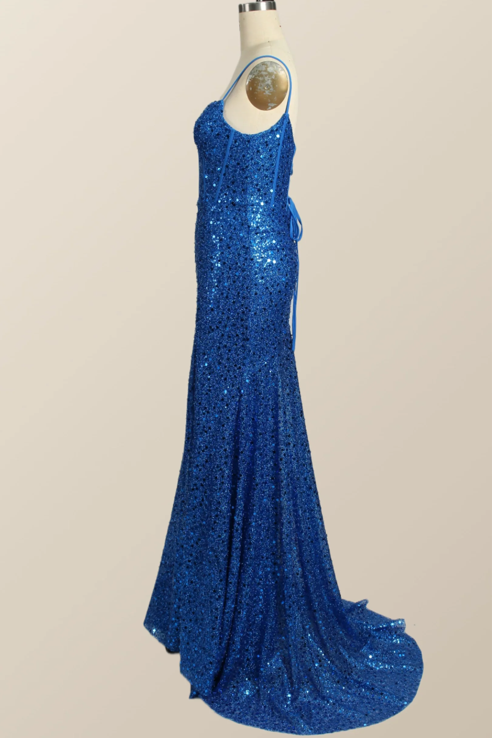 Royal Blue Sequin Mermaid Long Prom Dress - Image 4
