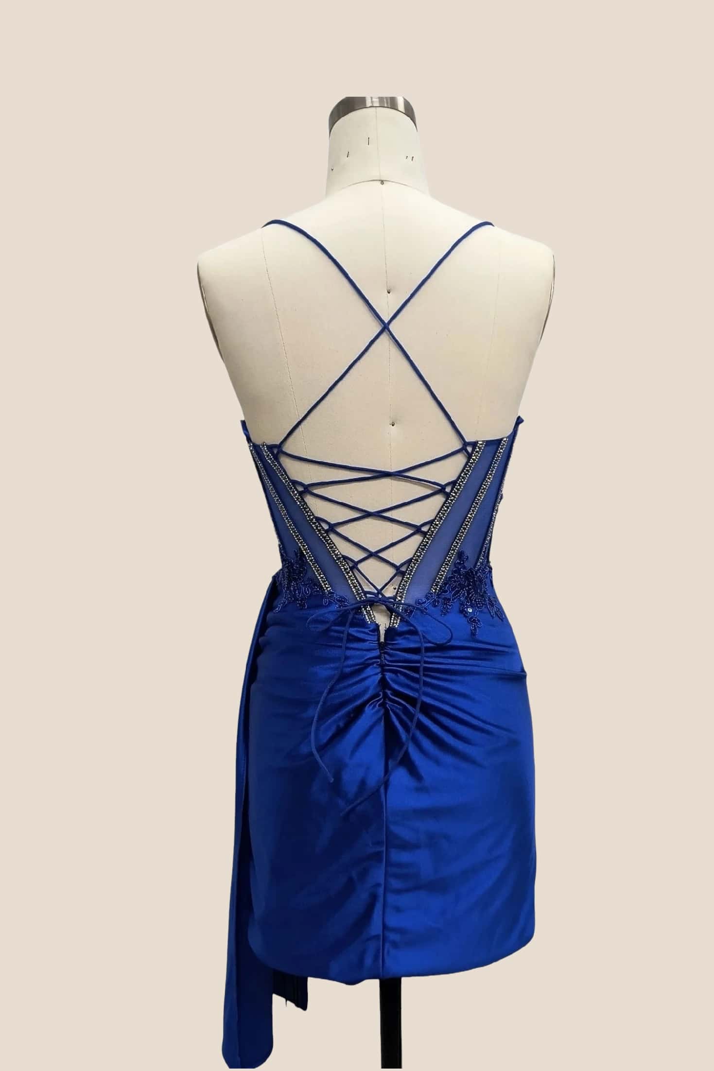 Royal Blue Straps Appliques Corset Ruched Dress - Image 2