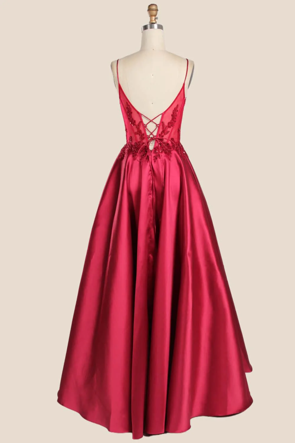 Red Straps Appliques Satin A-line Gown - Image 3