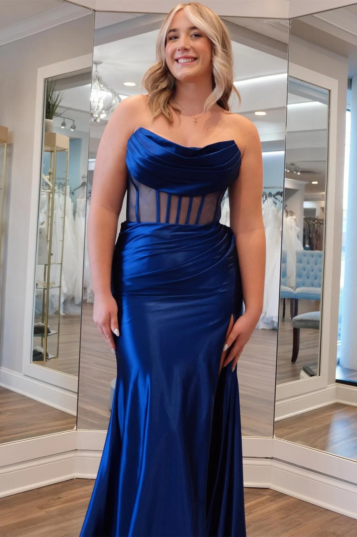 Ruched Cowl Neck Blue Satin Mermaid Formal Dress - Image 7