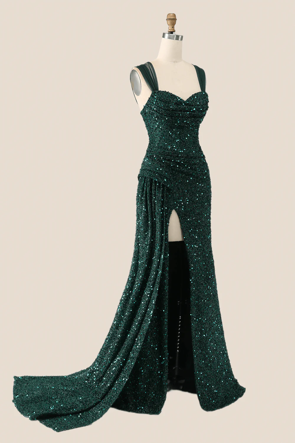 Ruched Dark Green Sequin Mermaid Long Evening Dress - Image 3
