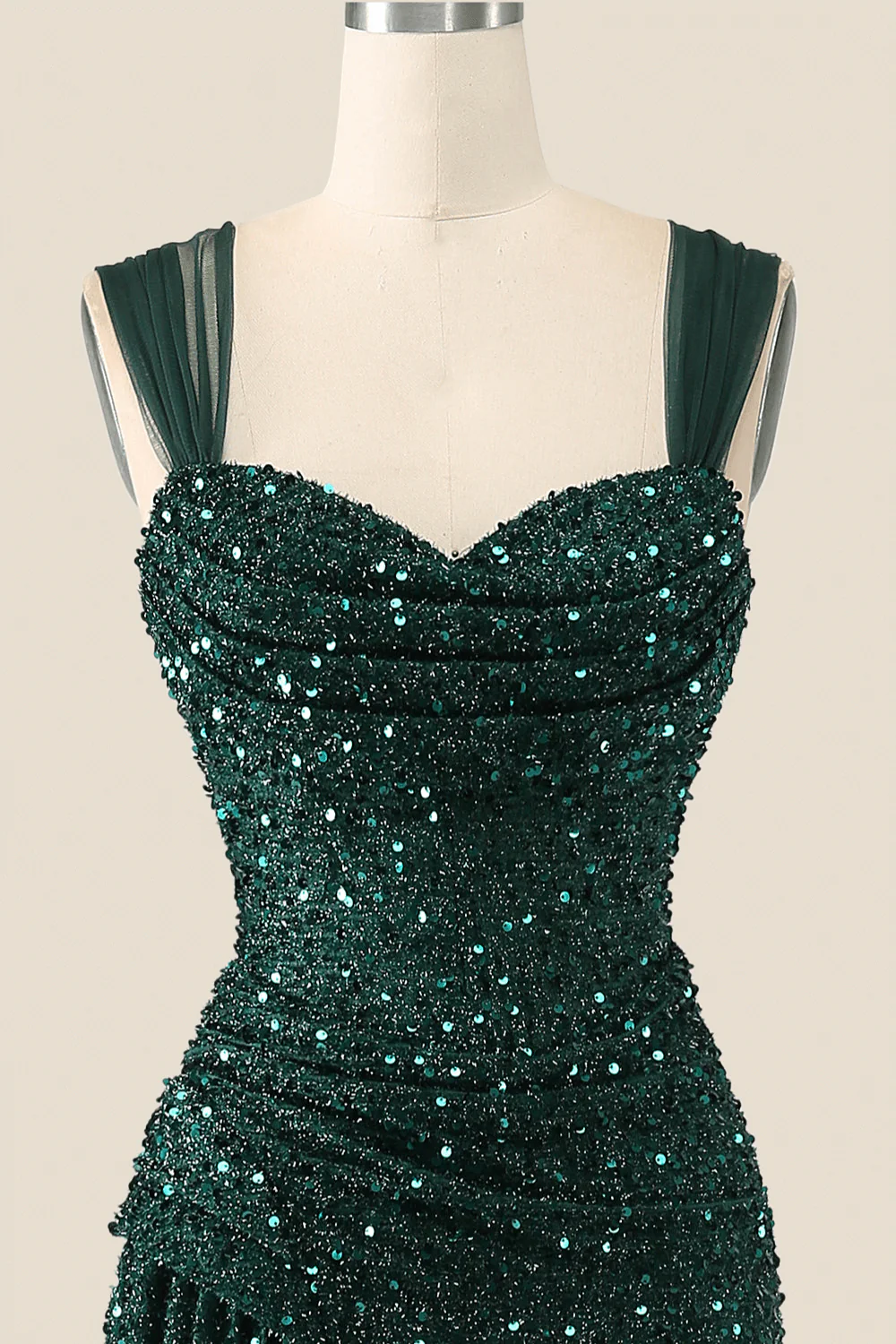 Ruched Dark Green Sequin Mermaid Long Evening Dress - Image 4