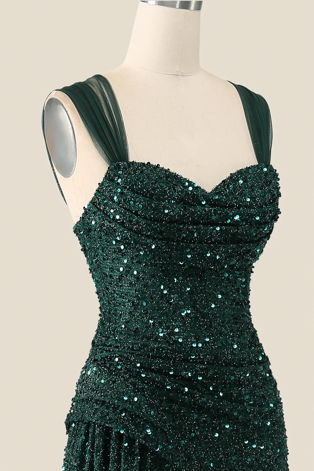Ruched Dark Green Sequin Mermaid Long Evening Dress - Image 5