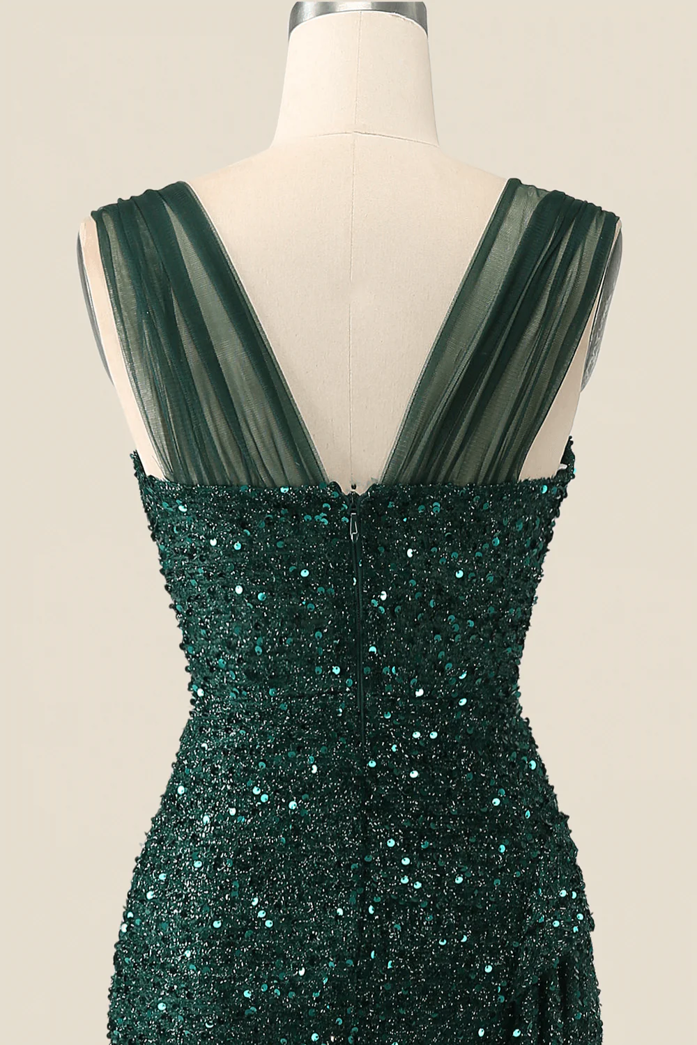 Ruched Dark Green Sequin Mermaid Long Evening Dress - Image 6