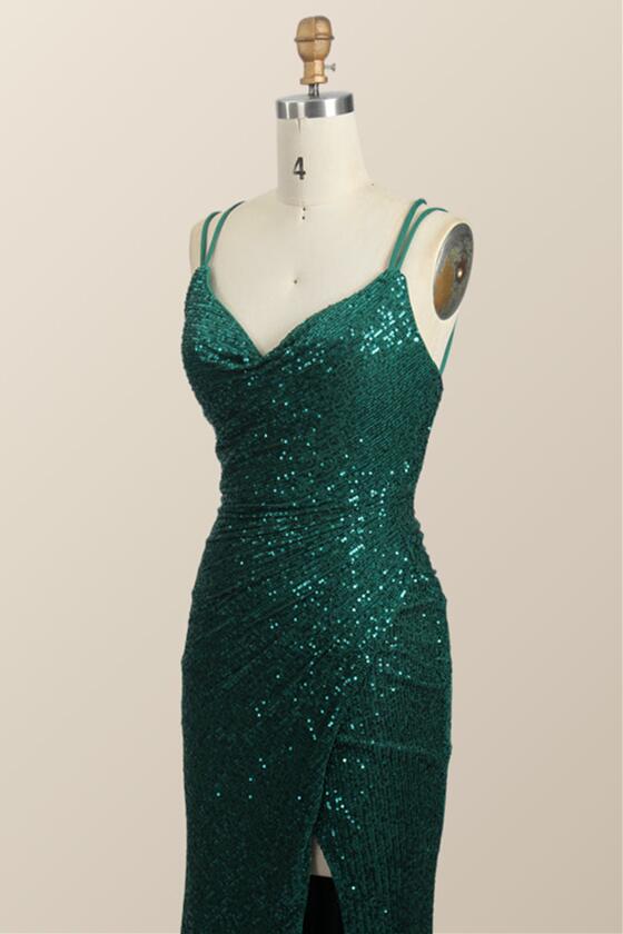 Ruched Green Sequin Fitted Long Party Dress - Image 4