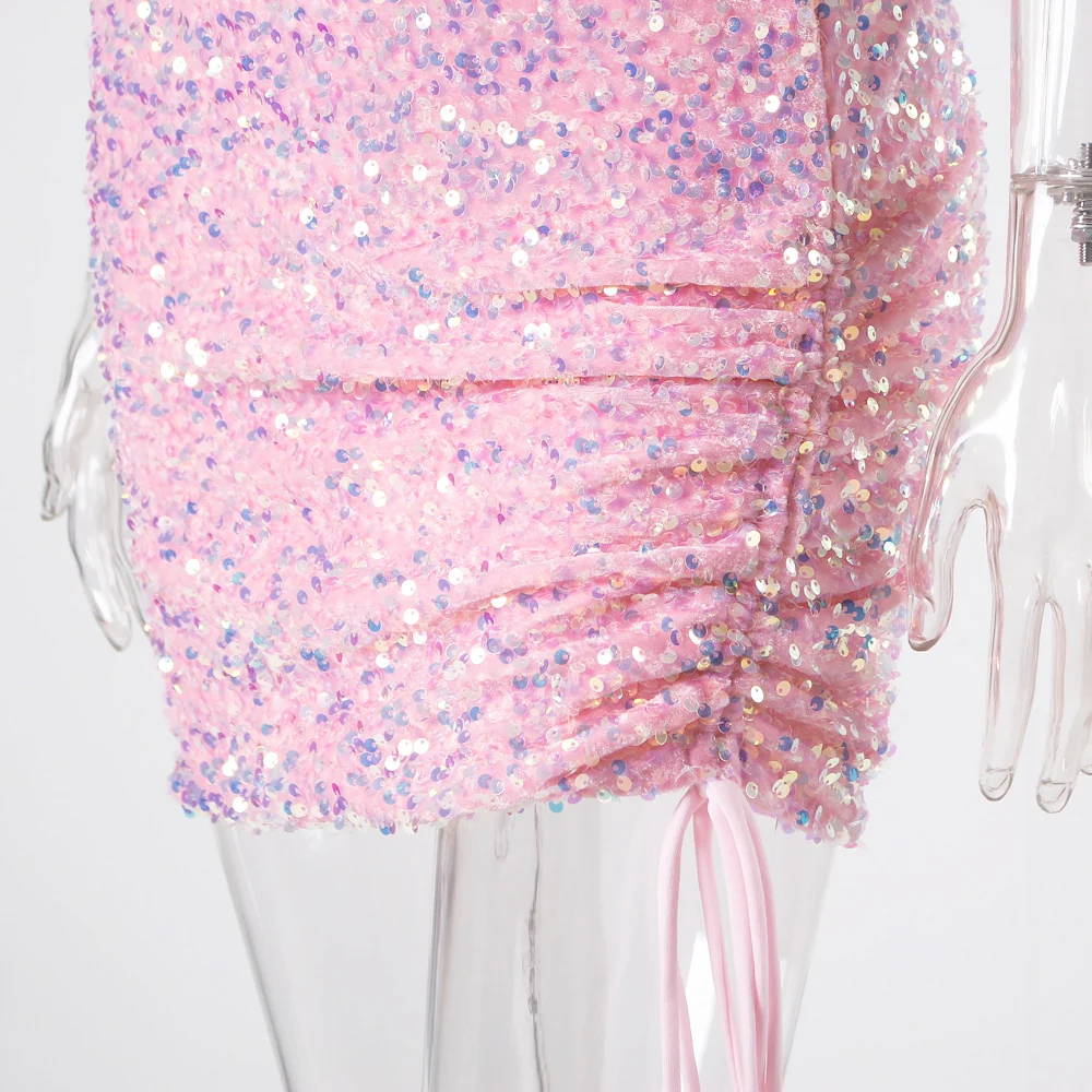 Ruched One Shoulder and Hem Pink Sequin Mini Dress - Image 10