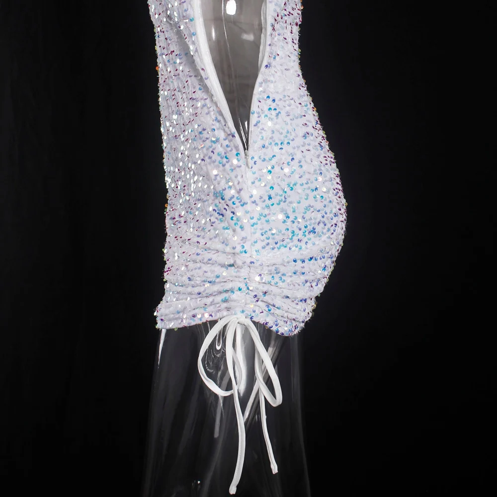 Ruched One Shoulder and Hem Pink Sequin Mini Dress - Image 11