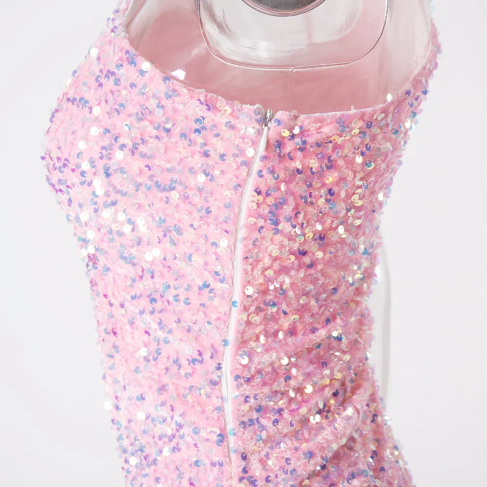Ruched One Shoulder and Hem Pink Sequin Mini Dress - Image 12