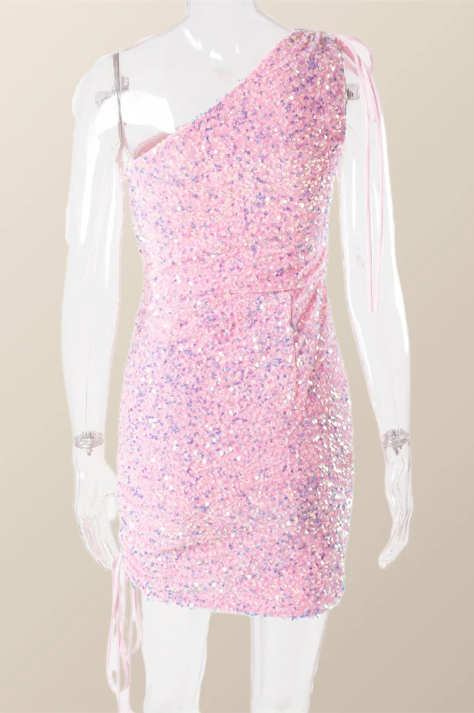 Ruched One Shoulder and Hem Pink Sequin Mini Dress - Image 3