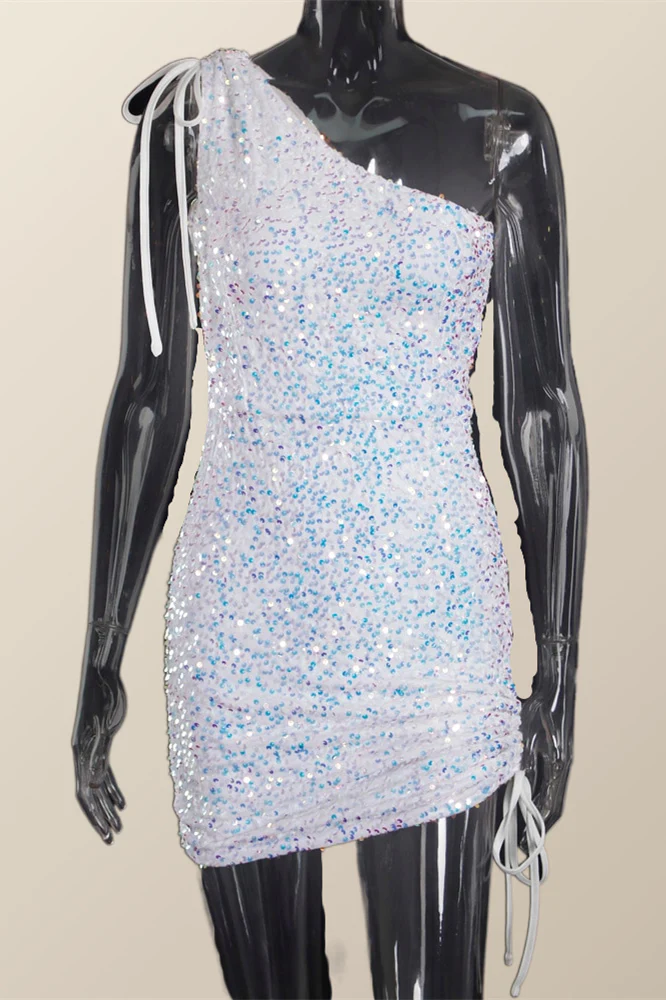 Ruched One Shoulder and Hem Pink Sequin Mini Dress - Image 7