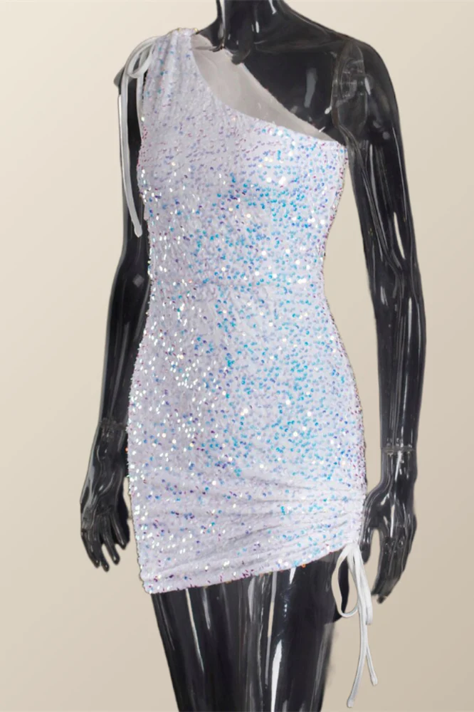 Ruched One Shoulder and Hem Pink Sequin Mini Dress - Image 8
