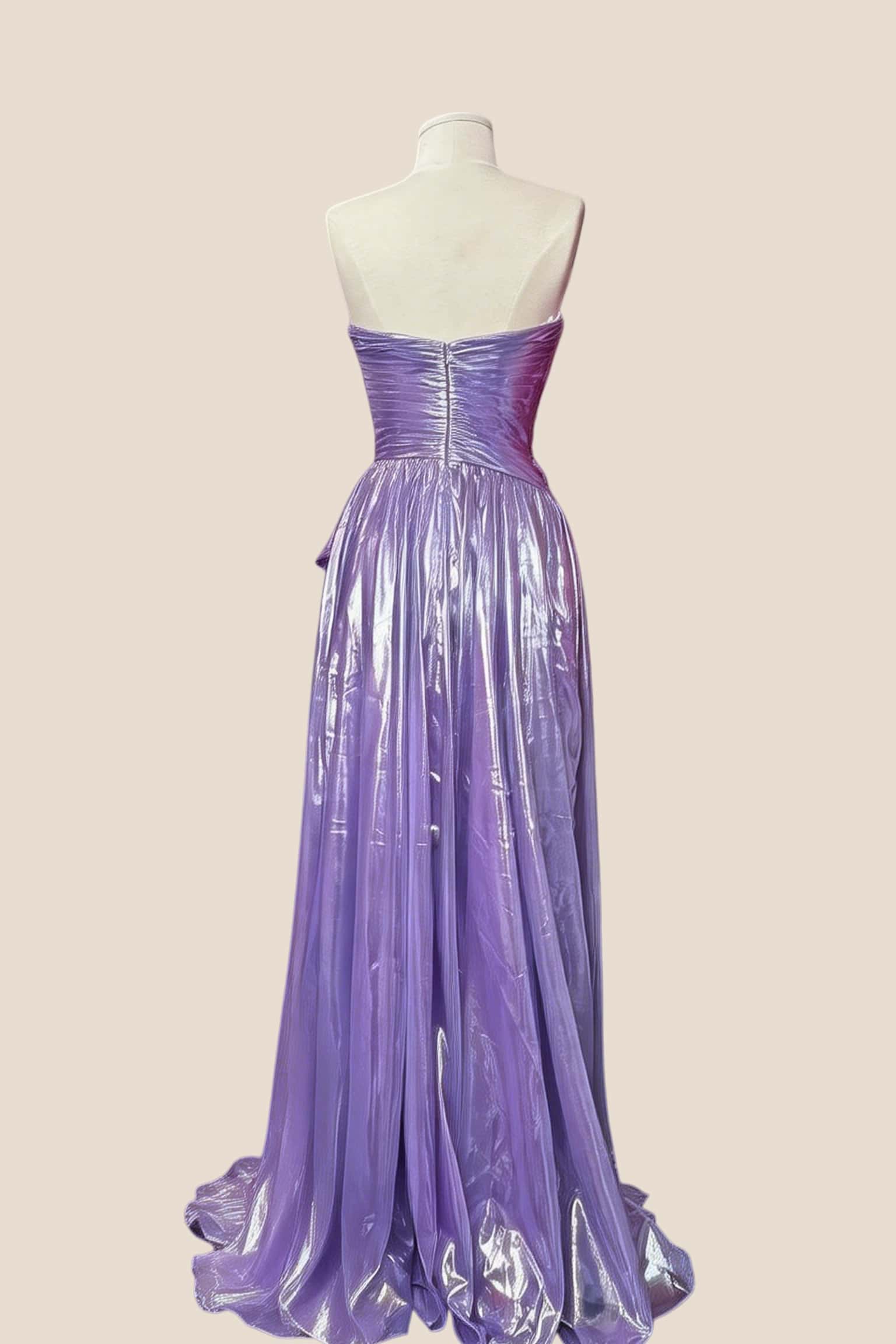 Ruched Purple Metallic A-line Prom Dress - Image 3