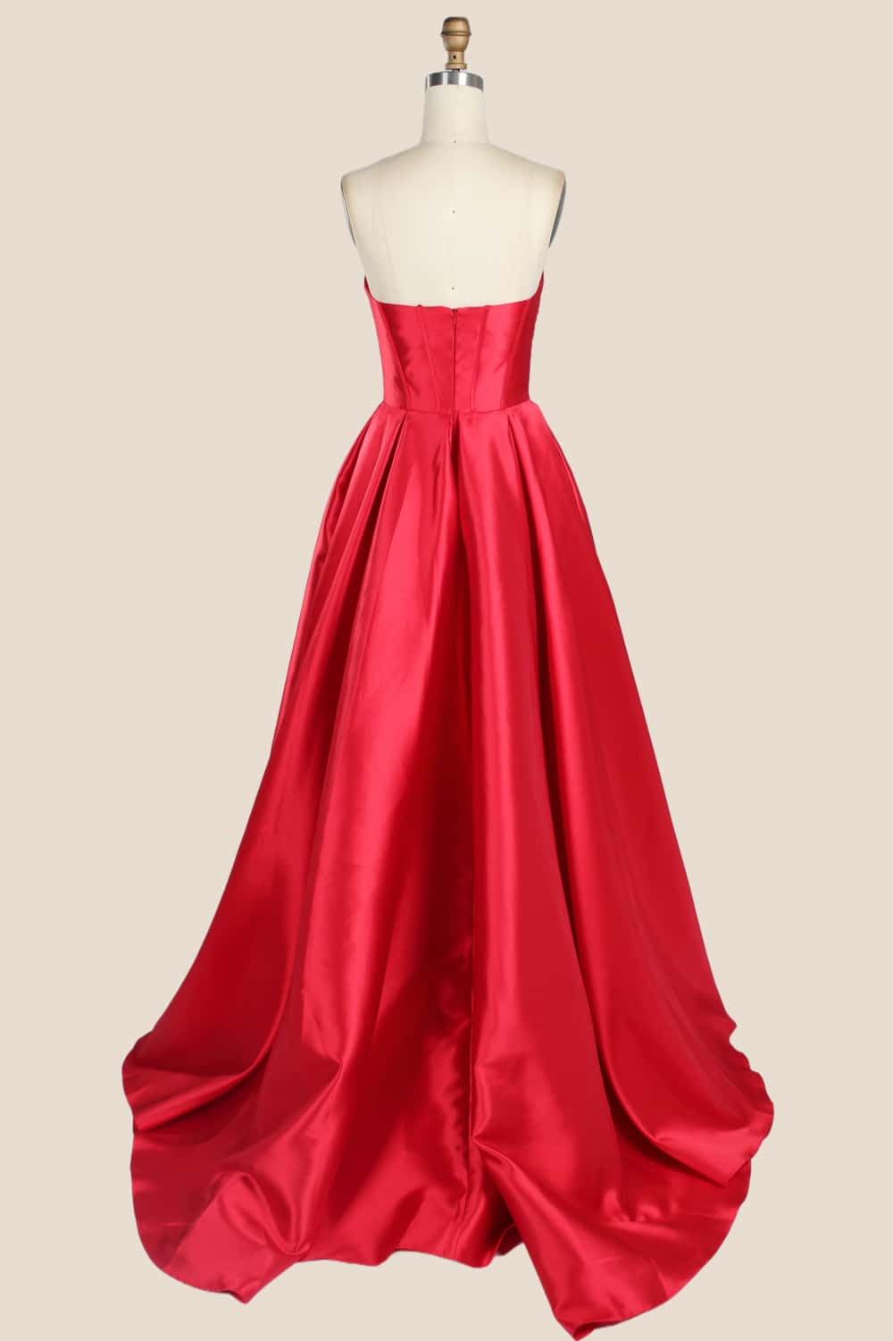 Ruched Red Satin A-line Formal Gown - Image 3