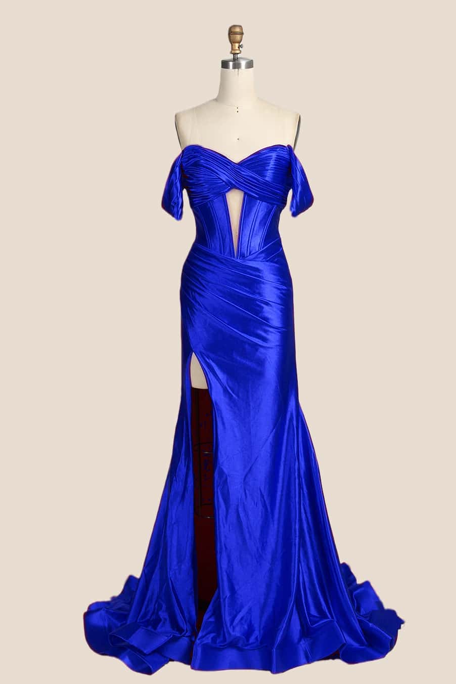 Ruched Red Satin Off the Shoulder Mermaid Prom Dress - Image 5
