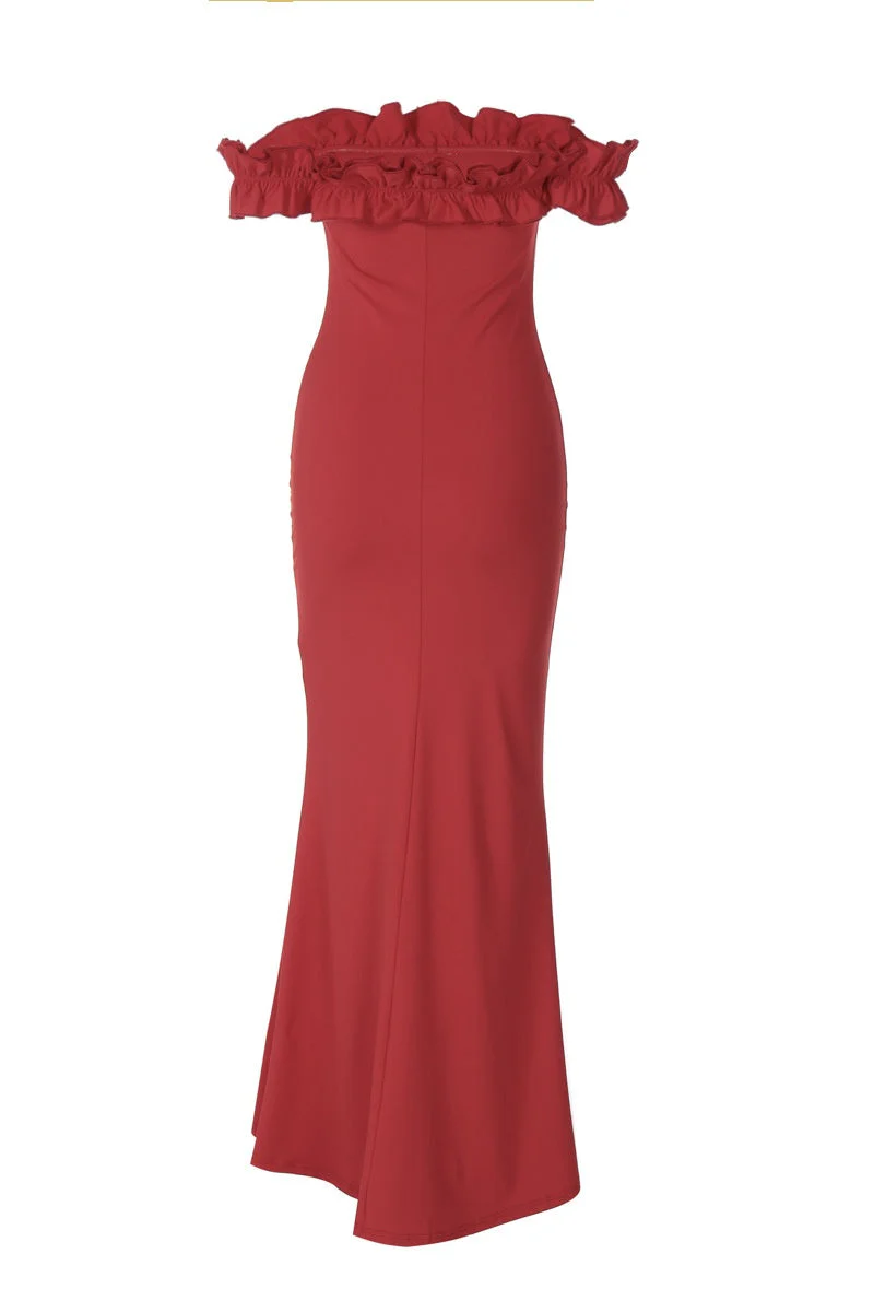Ruffle Off the Shoulder Red Fitted Dress - Image 2