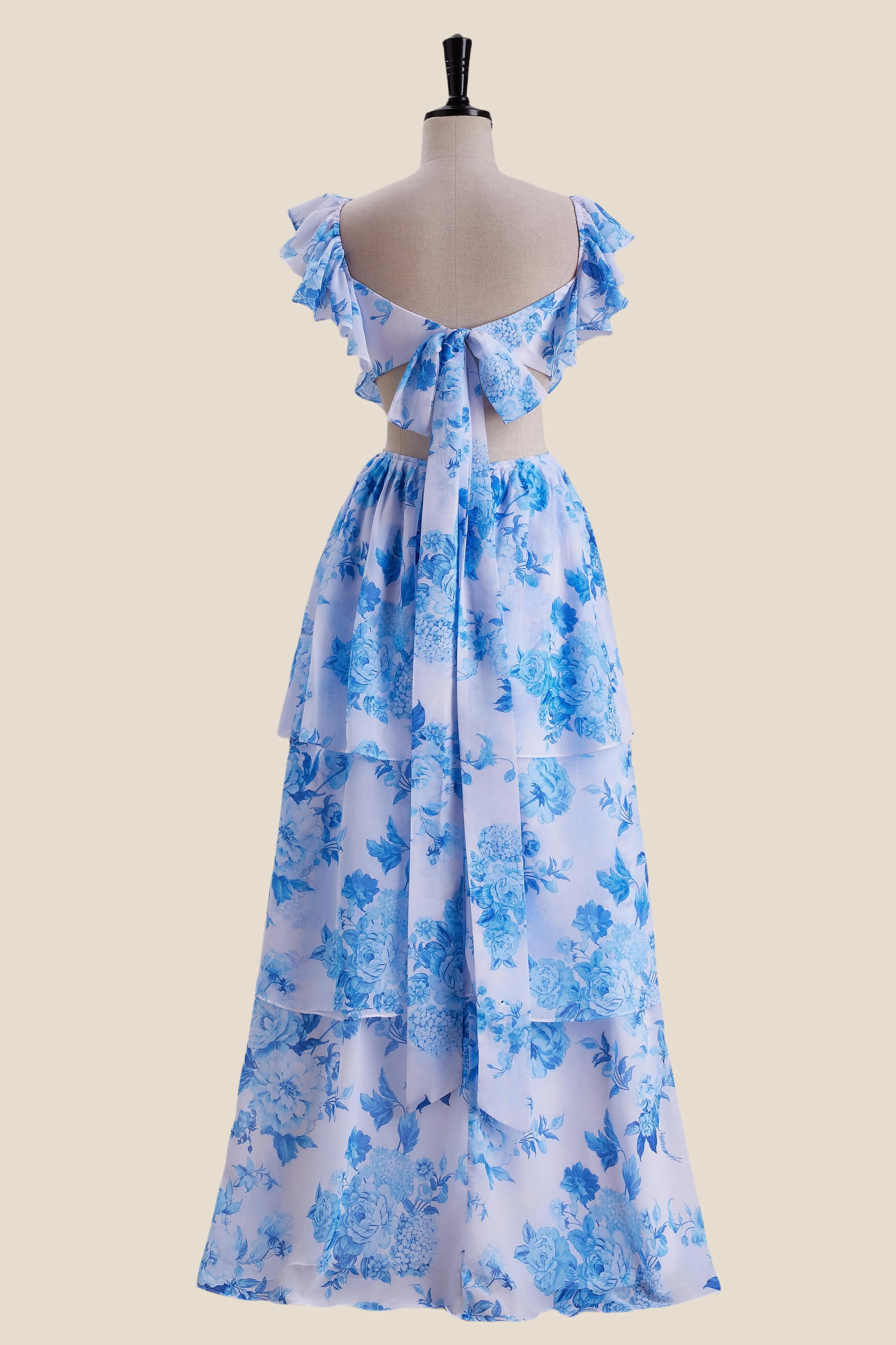 Ruffle Sleeves Blue Floral Print Tiered Long Dress - Image 2