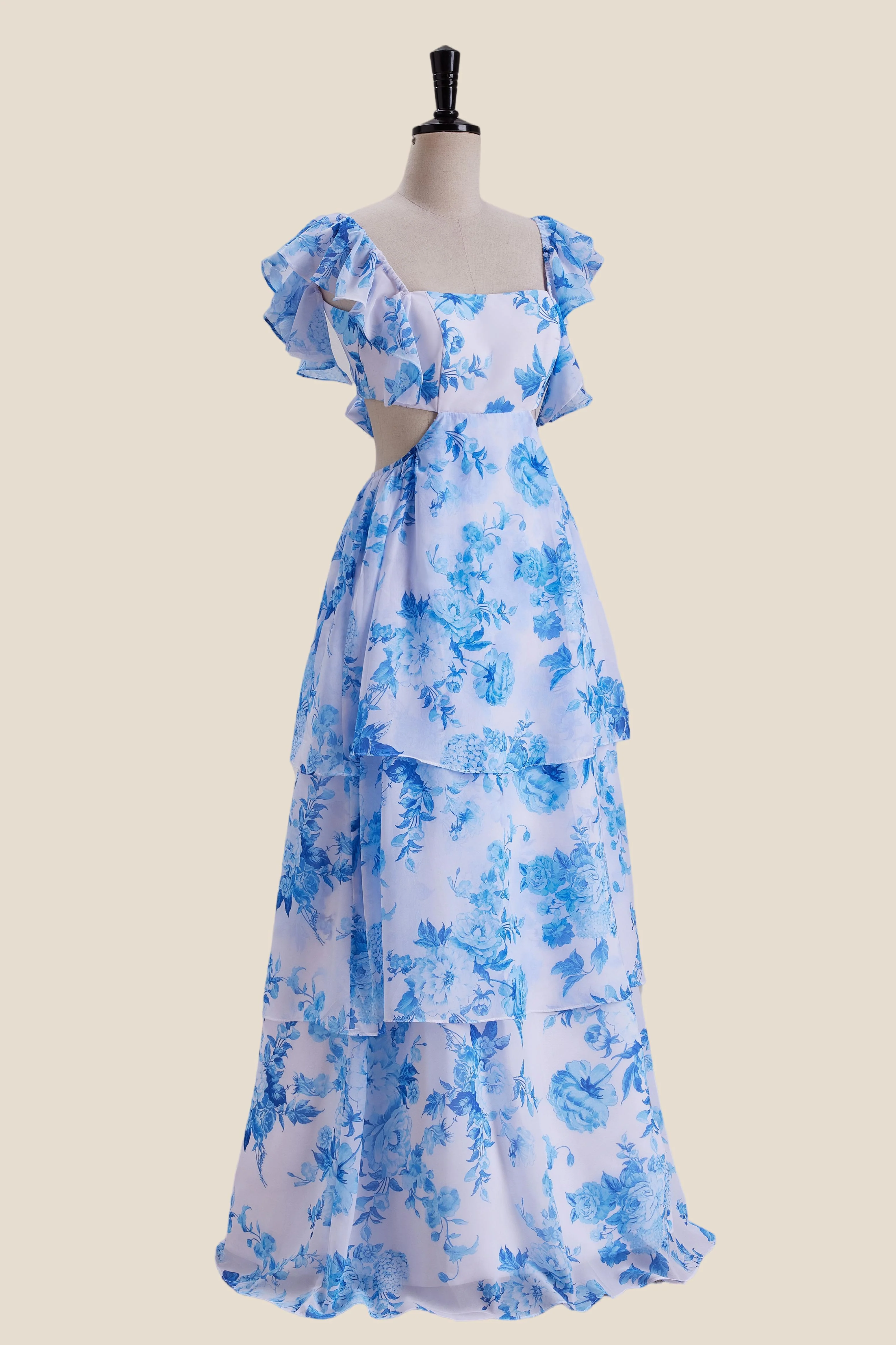 Ruffle Sleeves Blue Floral Print Tiered Long Dress - Image 3