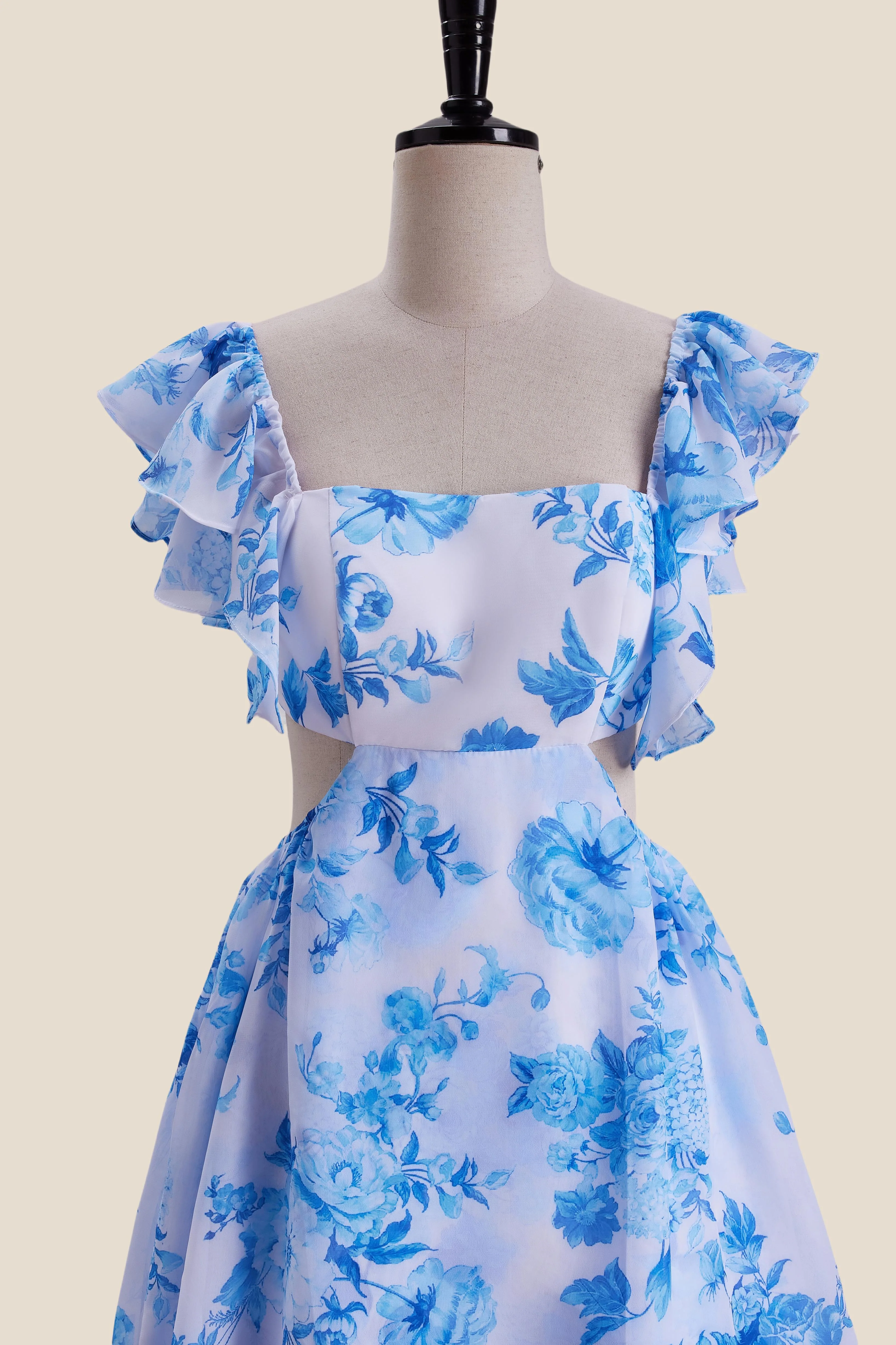 Ruffle Sleeves Blue Floral Print Tiered Long Dress - Image 4