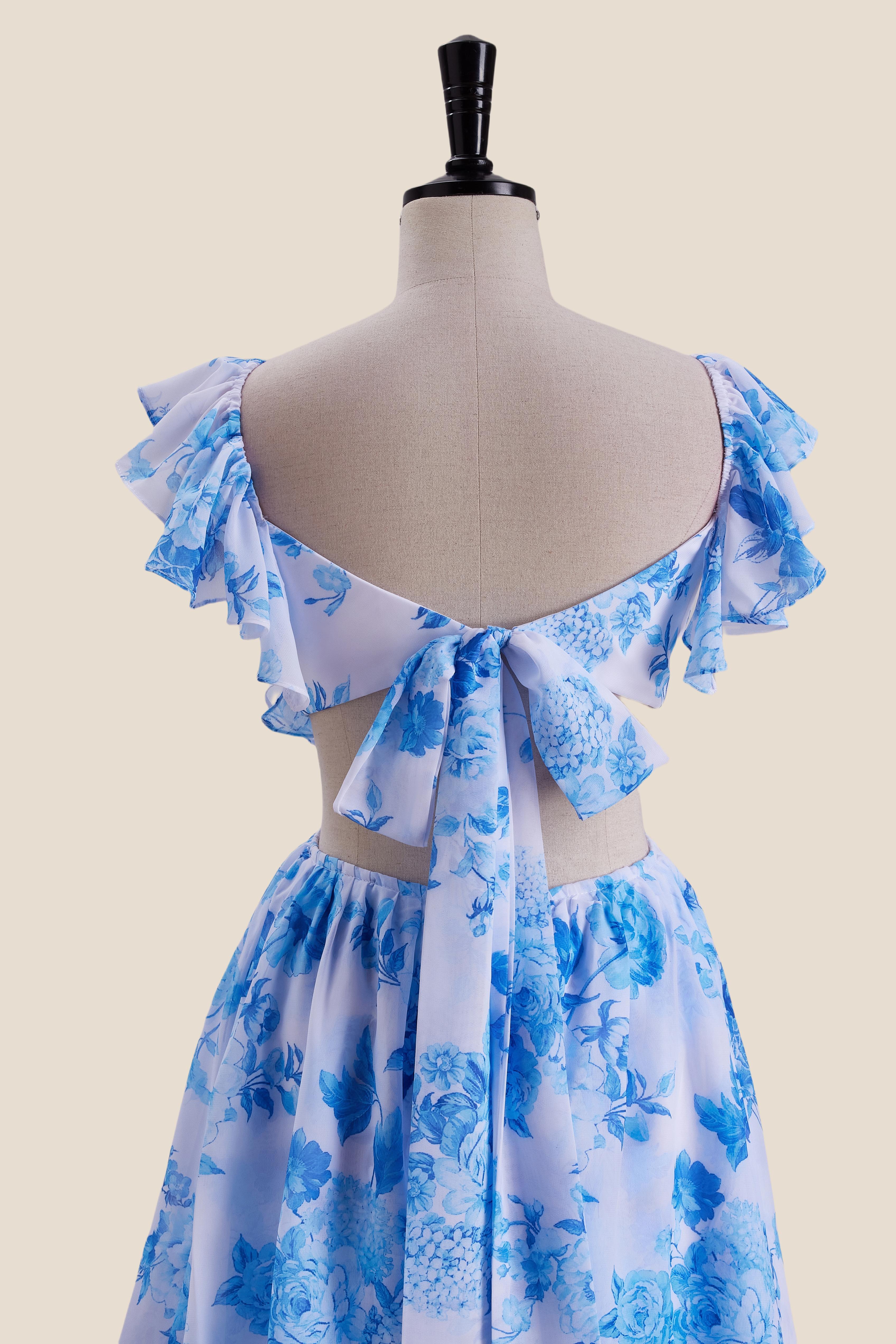 Ruffle Sleeves Blue Floral Print Tiered Long Dress - Image 5