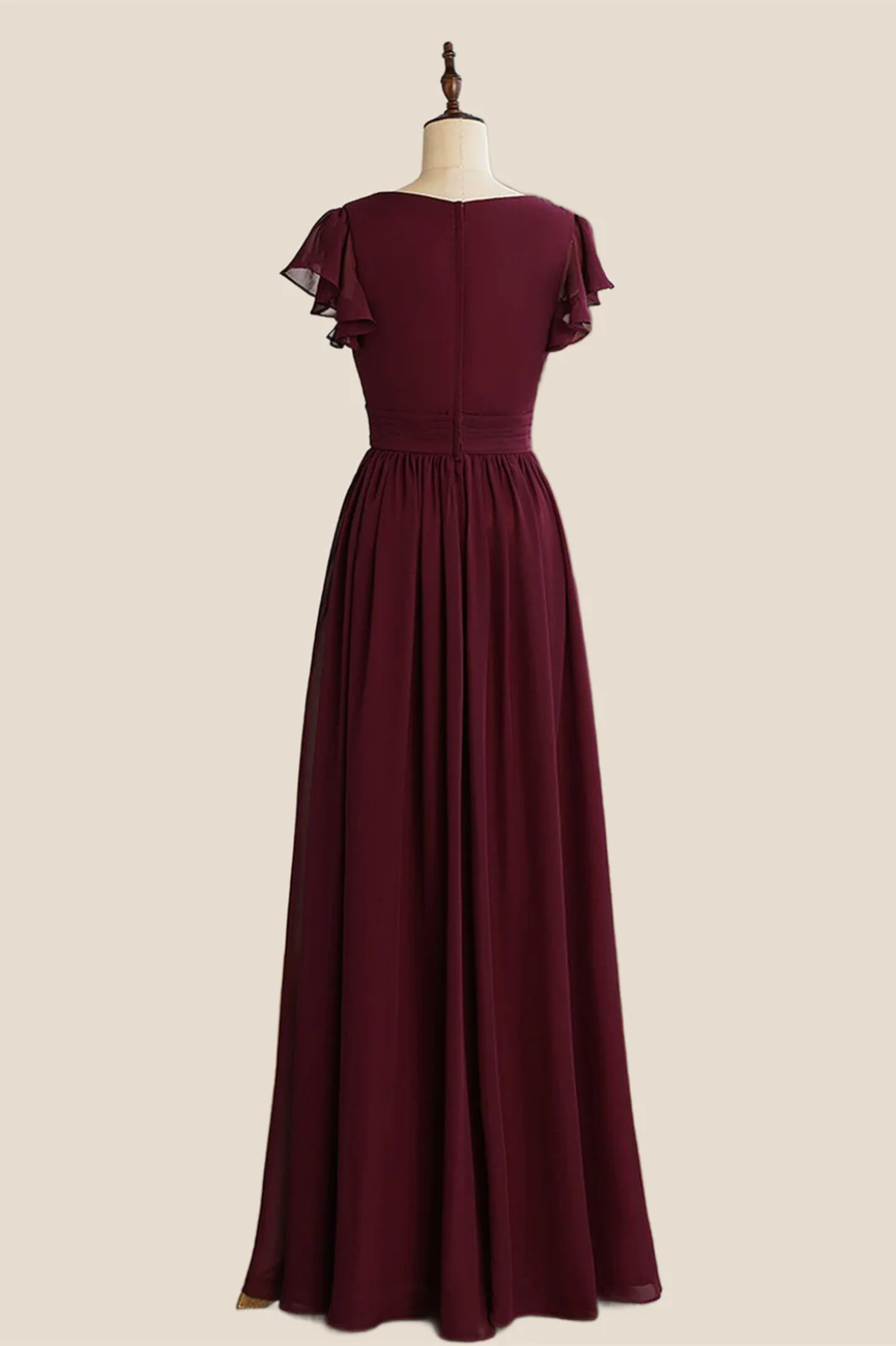 Ruffle Sleeves Burgundy Chiffon Long Bridesmaid Dress - Image 2