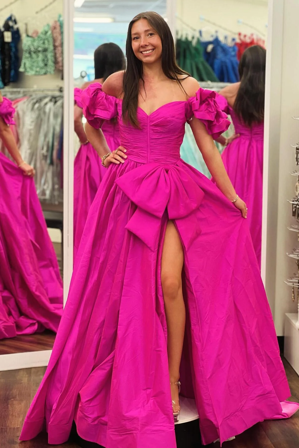 Ruffle Sleeves Orange Bow Long Dress with Slit - Image 3