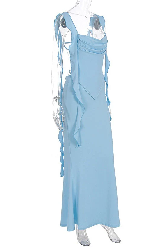 Ruffle Straps Blue Fitted Long Dress - Image 3