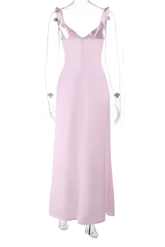 Ruffle Straps Pink Maxi Long Dress - Image 2