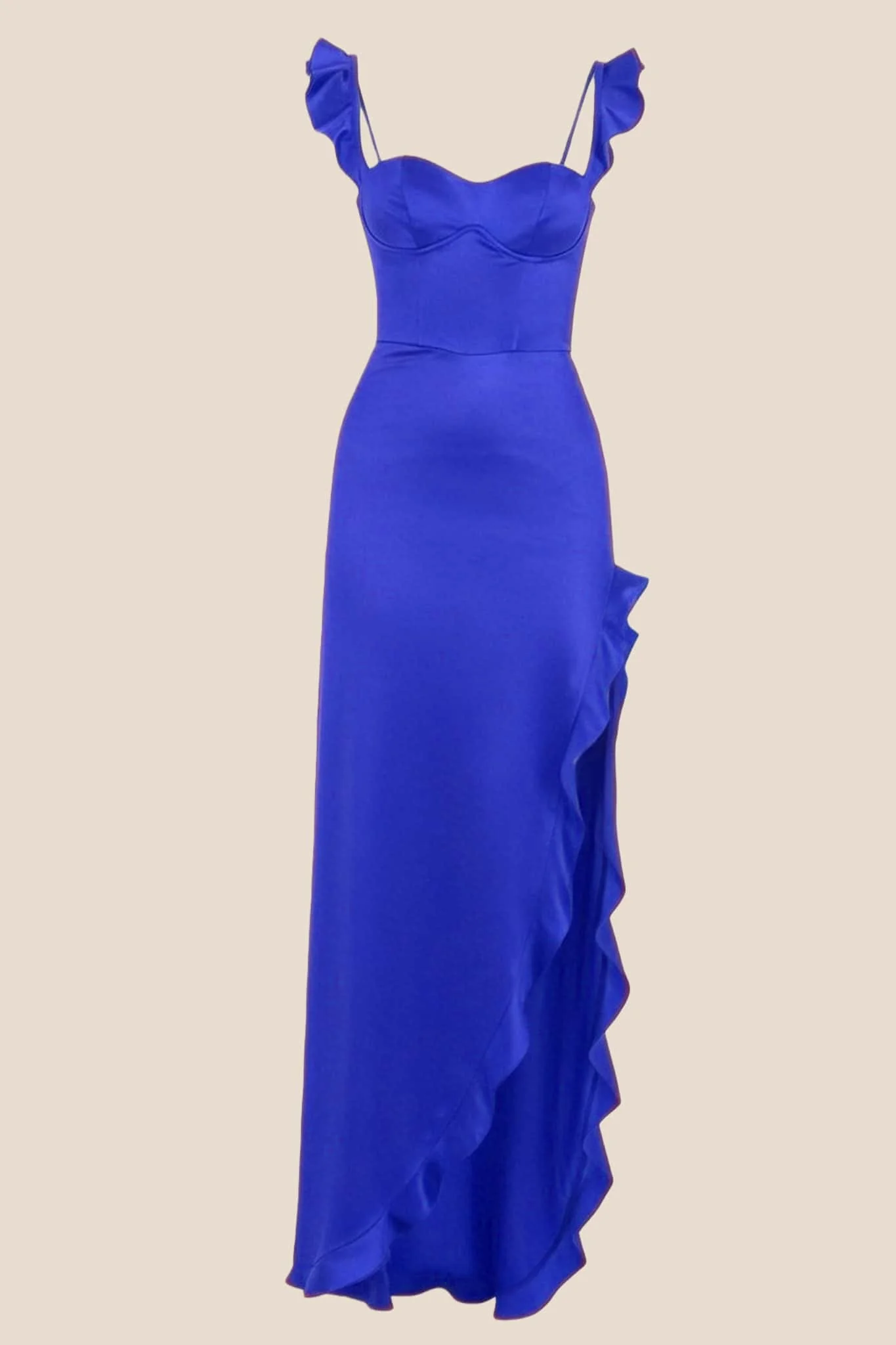 Ruffle Straps Red Satin Slit Dress - Image 12