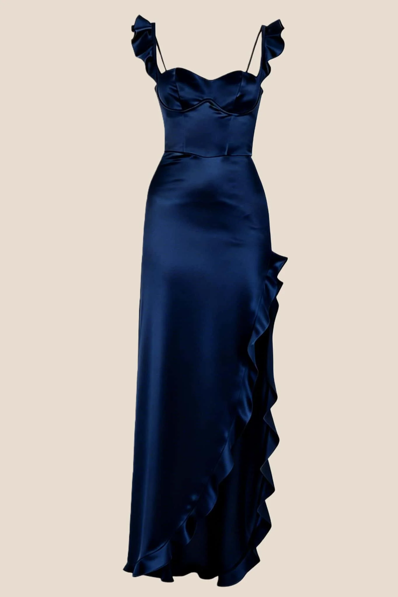 Ruffle Straps Red Satin Slit Dress - Image 13