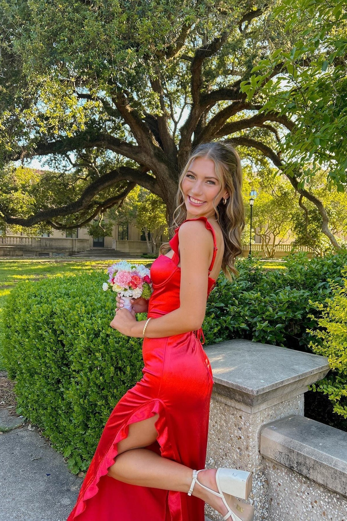 Ruffle Straps Red Satin Slit Dress - Image 4