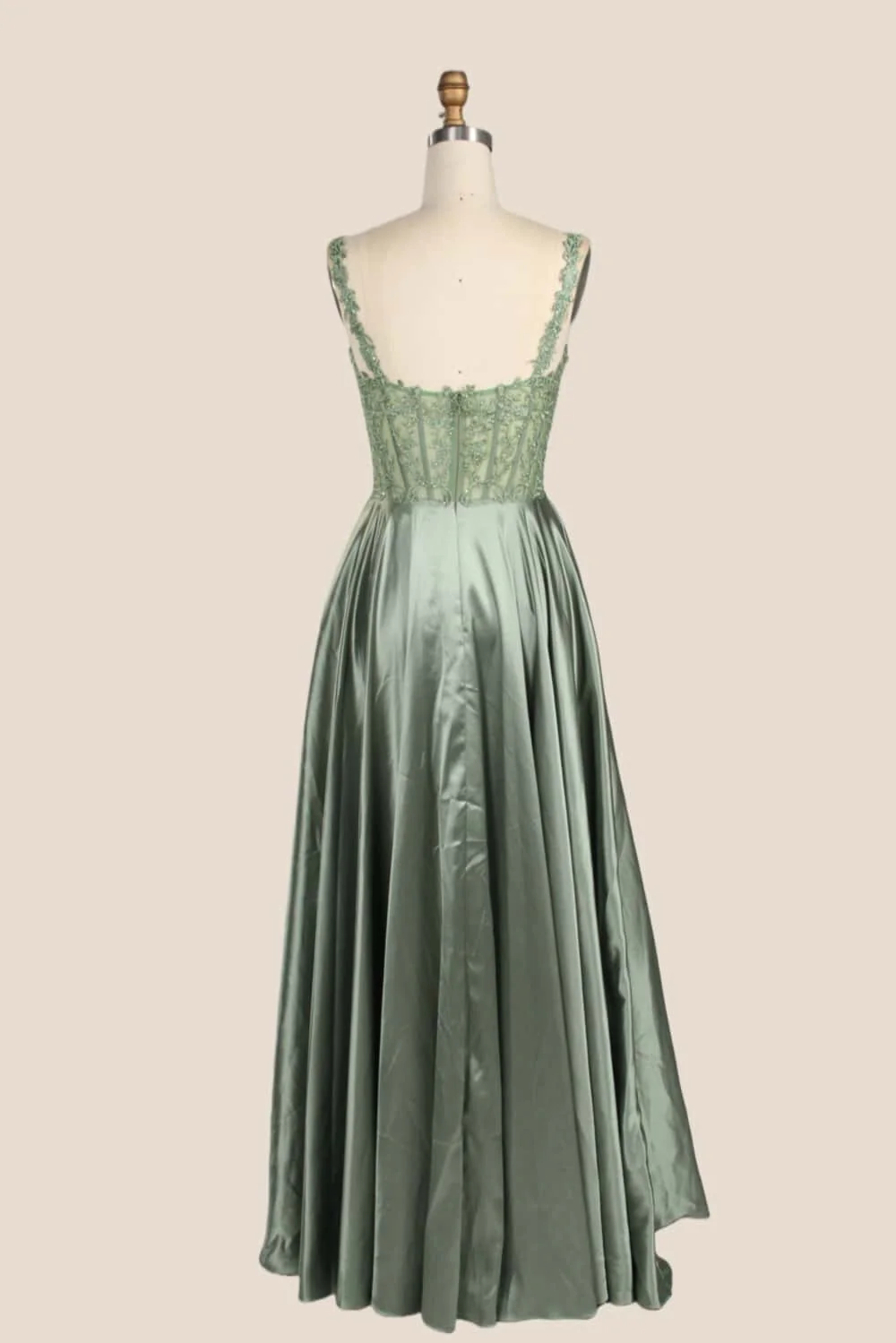 Sage Green Appliques Satin A-line Prom Gown - Image 3