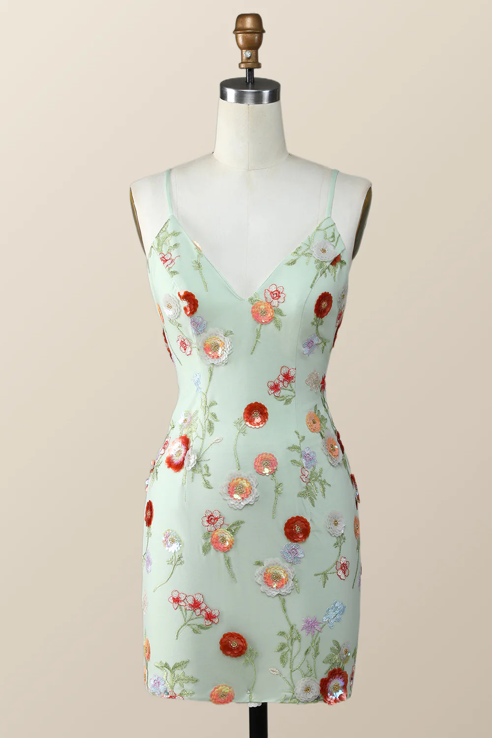Sage Green Bodycon Mini Dress with Sequin Flowers