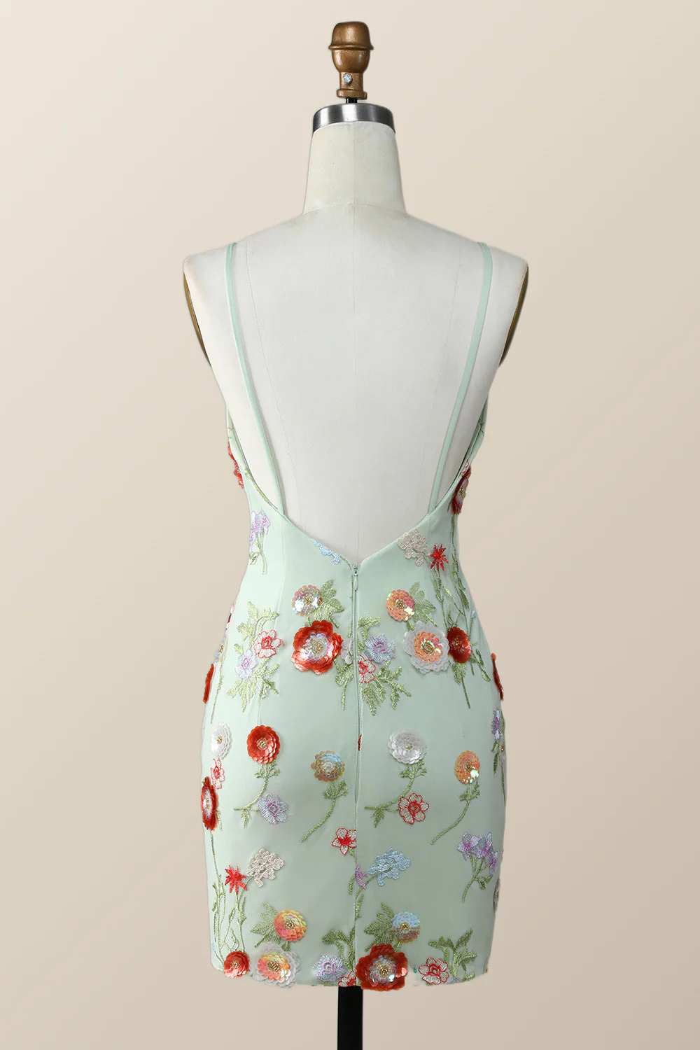 Sage Green Bodycon Mini Dress with Sequin Flowers - Image 3