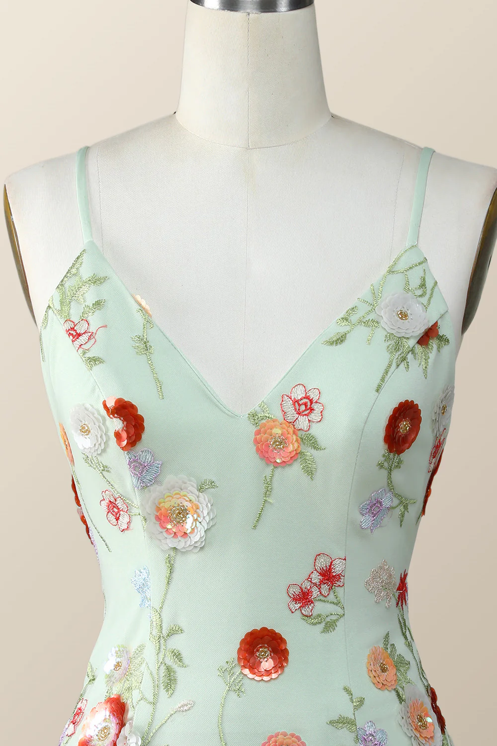 Sage Green Bodycon Mini Dress with Sequin Flowers - Image 4