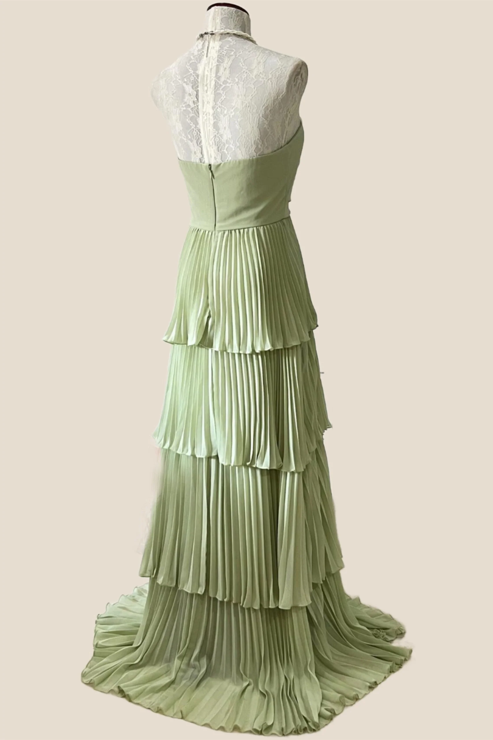 Sage Green Chiffon Pleated Chiffon Tiered Party Dress - Image 2