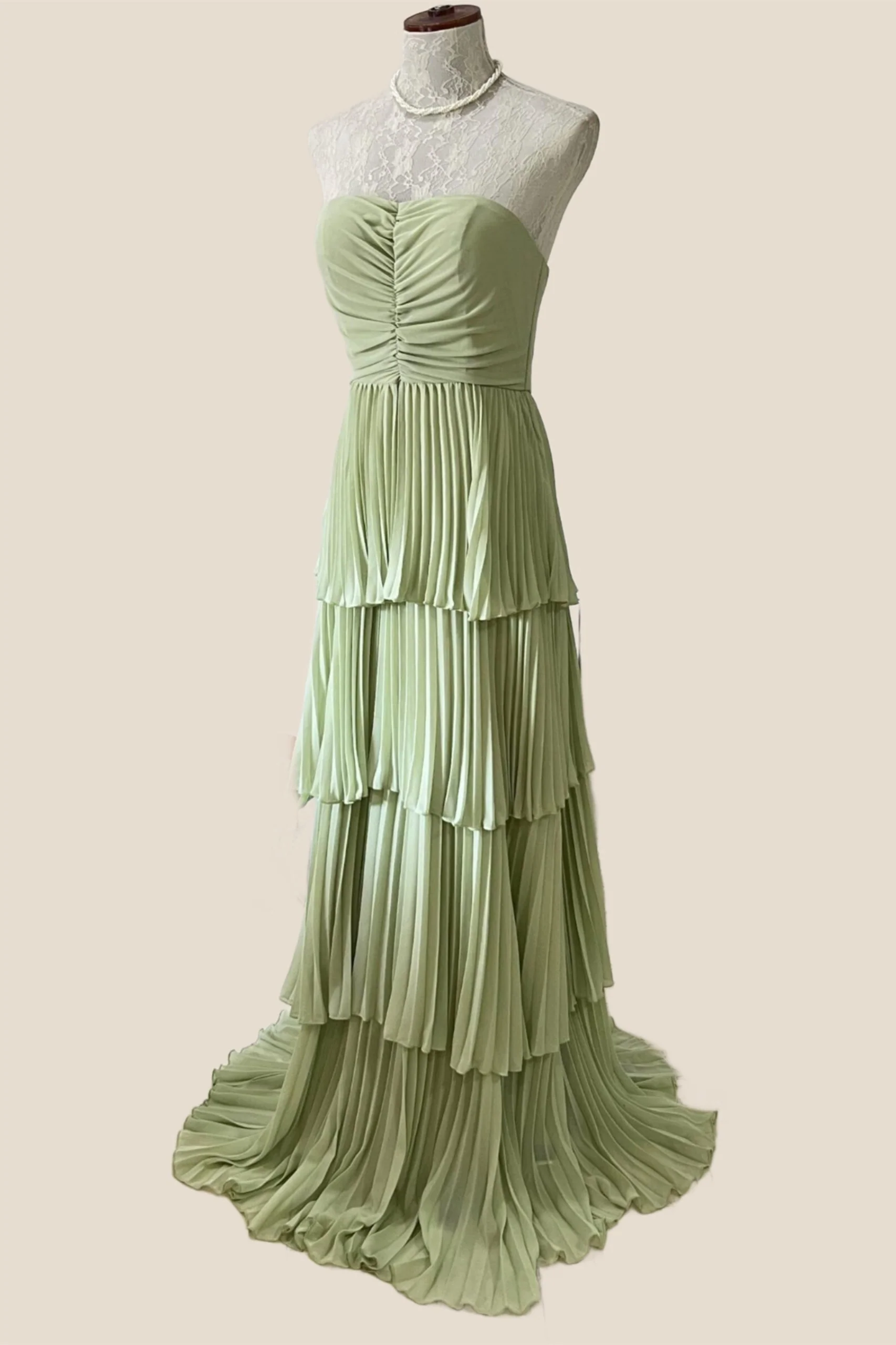 Sage Green Chiffon Pleated Chiffon Tiered Party Dress - Image 3