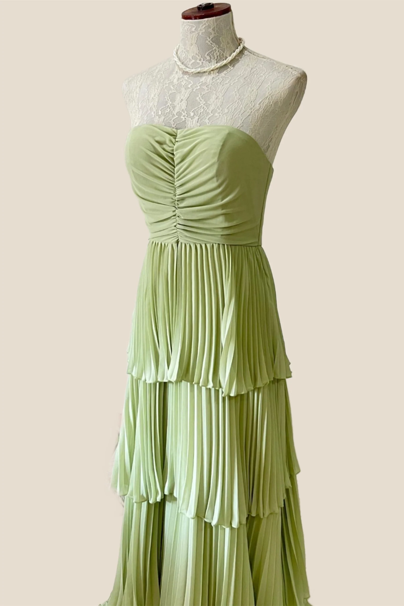 Sage Green Chiffon Pleated Chiffon Tiered Party Dress - Image 4