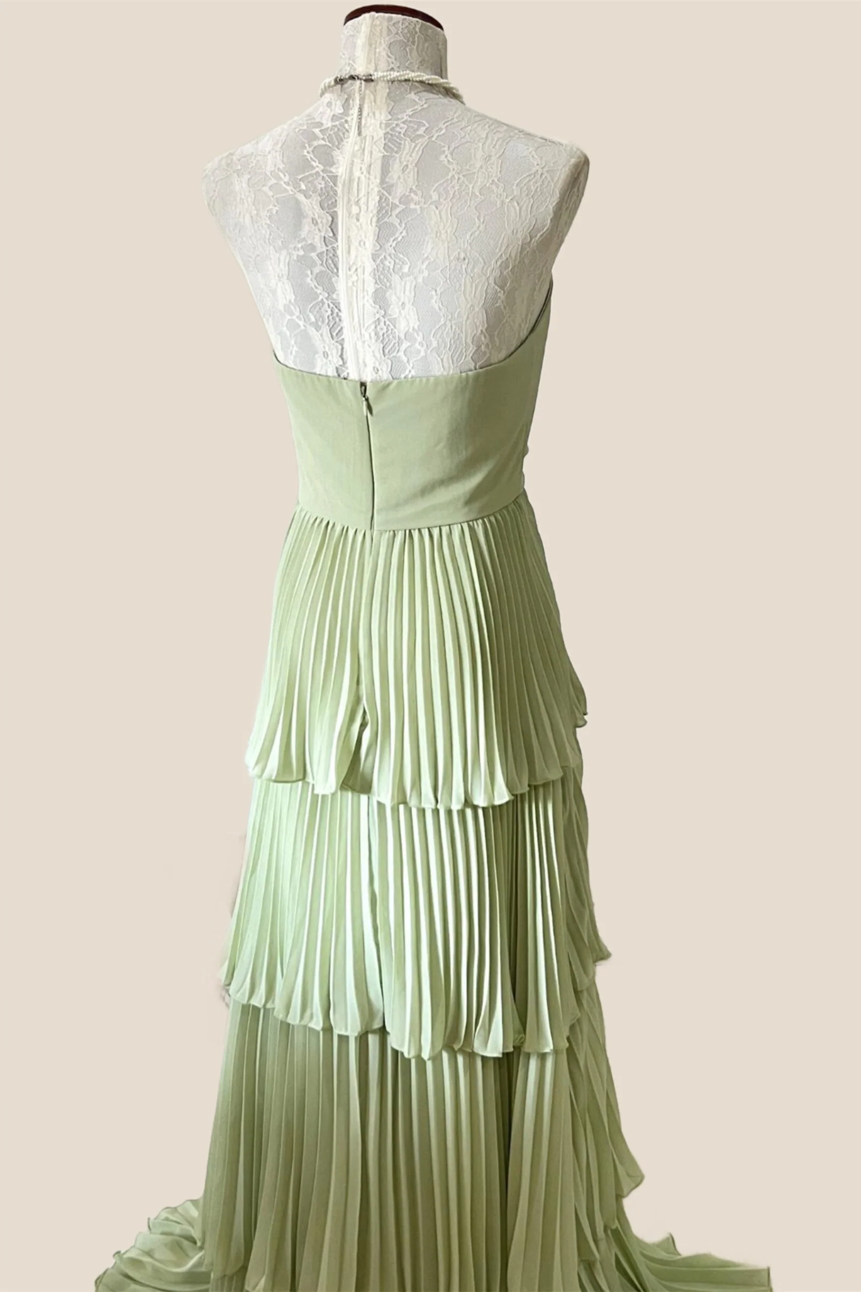 Sage Green Chiffon Pleated Chiffon Tiered Party Dress - Image 6