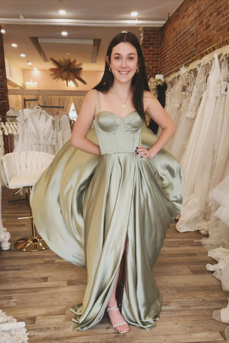 Sage Green Corset A-line Satin Long Formal Dress - Image 2