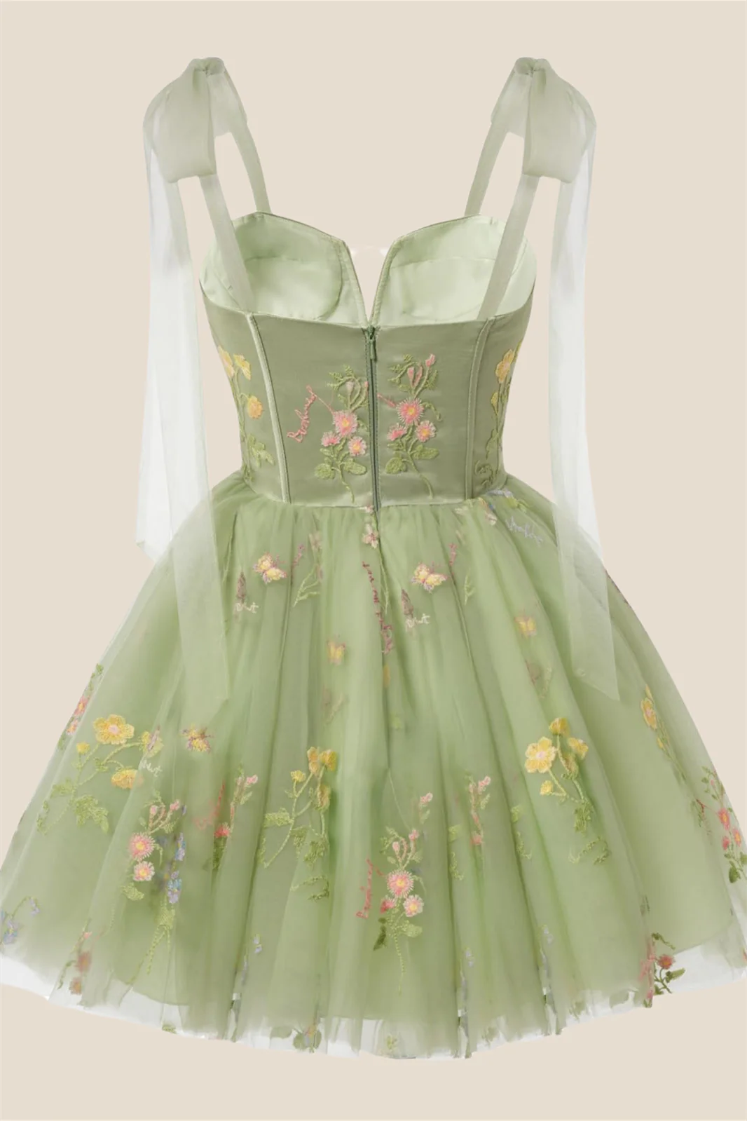 Sage Green Floral Embroidery A-line Short Dress - Image 2