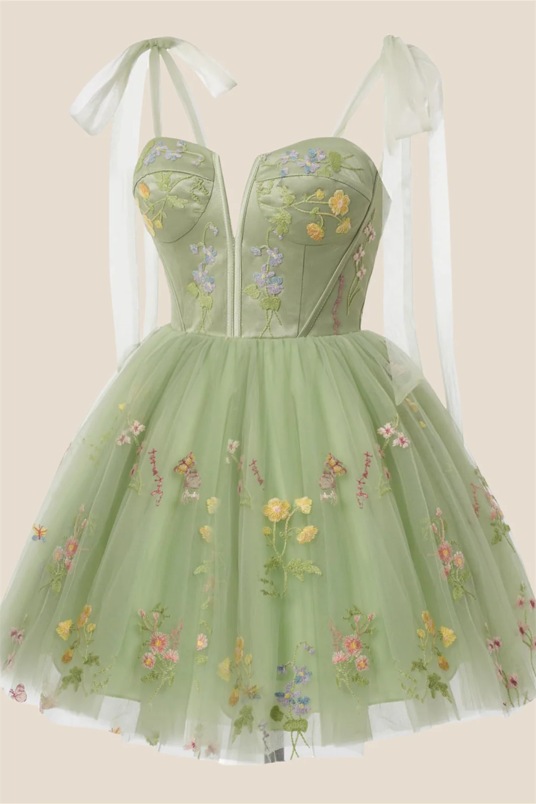 Sage Green Floral Embroidery A-line Short Dress - Image 3