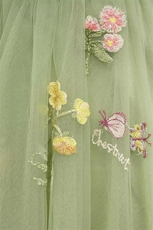 Sage Green Floral Embroidery A-line Short Dress - Image 4