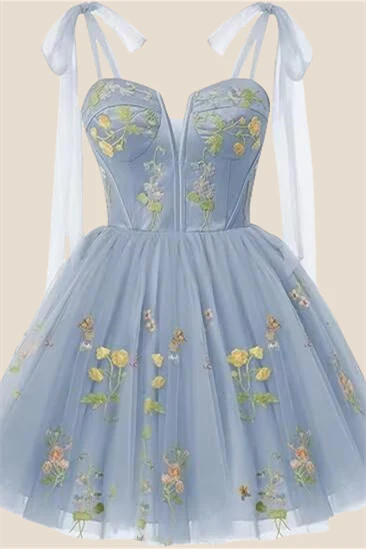 Sage Green Floral Embroidery A-line Short Dress - Image 5