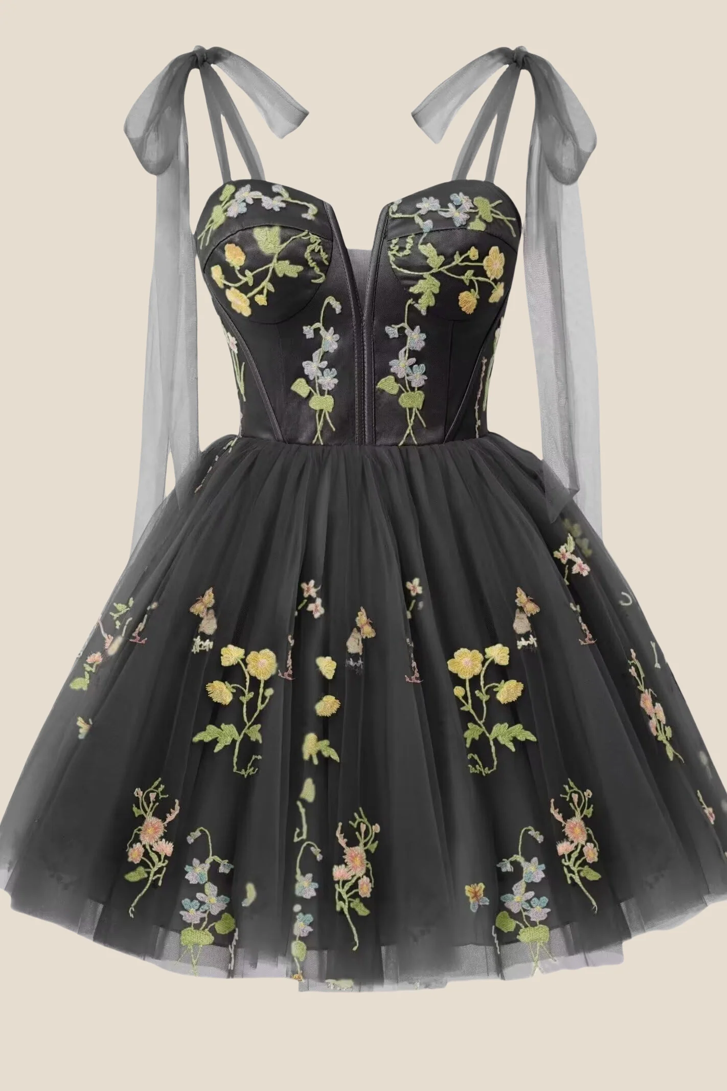 Sage Green Floral Embroidery A-line Short Dress - Image 6